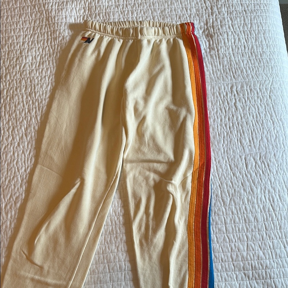 Aviator Nation Cream Track Pants with Rainbow Stripes